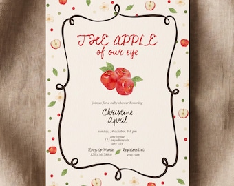 Apple Of Our Eye Baby Shower Invitation | Rustic Orchard Autumn Invite | Whimsical Fall Editable Canva Template | Watercolor Country Decor