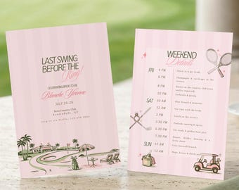 結婚指輪をはめる前の最後のスイング、独身最後のパーティー招待状、ゴルフとテニスのバチェラー週末旅行プラン、カントリークラブのオールドマネーCanvaテンプレート