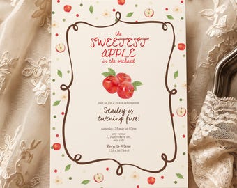 Einladung zum Geburtstag mit Apfelmotiv | Rustikale Einladung im Landhausstil mit Apfelgartenmotiv | Verspielte, botanische Boho-Herbstparty-Vorlage (Canva)