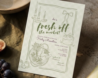 市場直送の新鮮なブライダルシャワー招待状、ファーマーズマーケット招待状、フローラルコテージコアコケット（デジタルダウンロード）