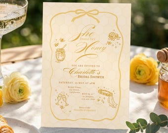 彼女はハニーを見つけた ブライダルシャワー招待状テンプレート、ハニービー ブライダルシャワー招待状、バターイエロー ブライダルブランチ招待状、Canvaで編集可能