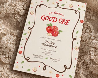 Apple She Picked A Good One Bridal Shower Invitation Template | Rustic Whimsical Apple Orchard Invite | Cottagecore Vintage Fall Party Decor