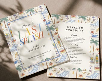 Playful Vibrant Last Splash Bachelorette Weekend Invite, Sun-soaked Coastal Bach Itinerary Template, Retro Inspired Colorful Girls Trip Card