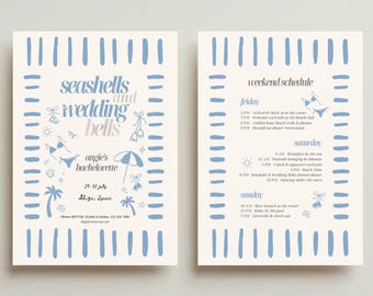 Seashells and Wedding Bells Bachelorette Itinerary Template, Hand drawn Coastal Hen Party Weekend Invite, Whimsical Coquette Invitation Card