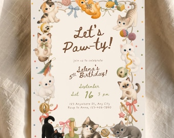 Let's Pawty Cat Birthday Invitation Editable Template | Whimsical Watercolor Purr-fect Toddler Invite | Colorful Playful Kitten Canva Evite