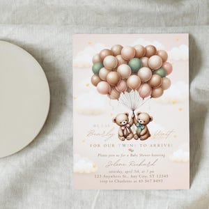 Editable Twin Boy and Girl Teddy Bear Baby Shower Invitation, Boho Sage Green Pink Bear Balloon Invite, Minimalist We Can Bearly Wait Card