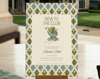 クラブに新しく入会した方へのベビーシャワー招待状、ゴルフカントリークラブテーマ、オールドマネー風デザイン（デジタルダウンロード）