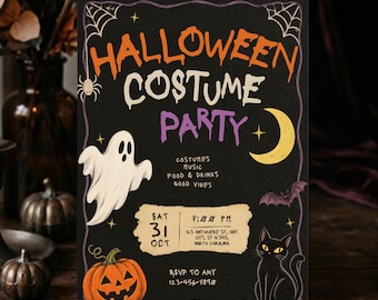 Halloween Costume Party Invitation | Retro Spooky Dark Gothic Invite Template | Vintage Classic Haunted Night | Whimsical Traditional Theme