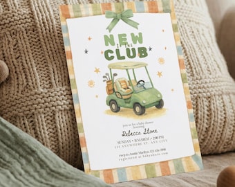 クラブに新しく入ったベビーシャワー招待状、ゴルフベビーシャワー招待状テンプレート、編集可能なCanva印刷可能、リトルパターボーイベビーシャワー