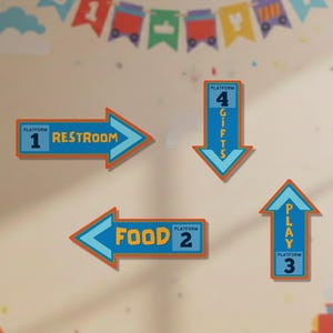 May include: Four directional signs with blue arrows and orange borders. The signs indicate "Restroom", "Food", "Play", and "Gifts" for platforms 1, 2, 3, and 4. The signs are on a light beige wall, with a train-themed party decor.