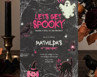 Pink Halloween Birthday Invitation Template | Girly Cute Let's Get Spooky Coquette Invite | Whimsical Retro Pink & Black Witchy Party Decor