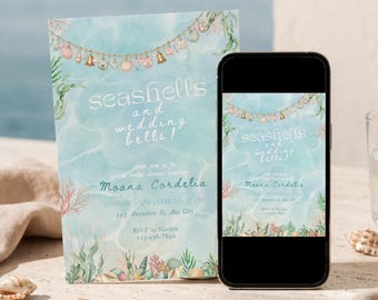Seashells Wedding Bells Bridal Shower Invitation, Coastal Beach Template (Editable in Canva)
