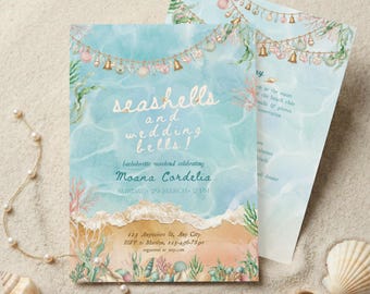 Soft Watercolor Seashells & Wedding Bells Bachelorette Weekend Invite, Whimsical Dreamy Aesthetic Itinerary Invitation, Coastal Template