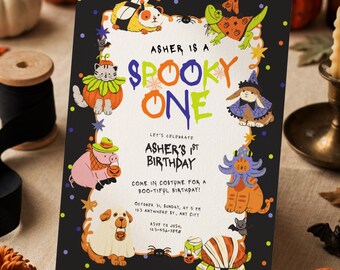 Halloween Spooky Boo-day Boy First Birthday Invitation | Cute Colorful Whimsical 1st Birthday Invite | Playful Halloween Animals Party Decor