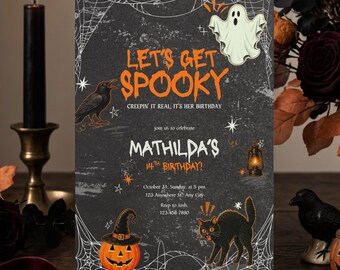 Halloween Birthday Invitation Template | Let's Get Spooky Retro Editable Canva Invite | Vintage Whimsical Gothic Printable and Digital Decor