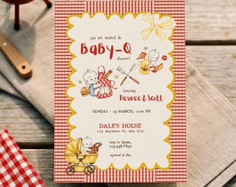 Babyq Baby Shower Invitation Template, Barbecue Grill Picnic Invite, Watercolor Red Gingham Evite, Vintage Backyard BBQ Editable in Canva