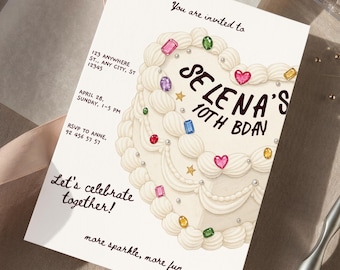 Gemstone Birthday Invitation Template | Bedazzled Rhinestone Jeweled Cake Celebration Invite | Shes Gem Sparkly Trendy Whimsical Party Decor