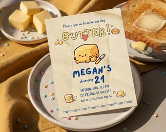 バターをテーマにした誕生日招待状テンプレート、バターをテーマにした誕生日招待状、1歳年上の方への招待状、編集可能なCanvaテンプレート