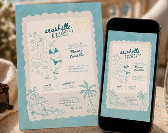 Seashells Wedding Bells Bridal Shower Invitation, Beach Coastal Evite, Hand Drawn Doodle (Canva Template)