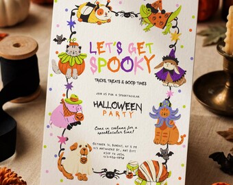 Halloween Let's Get Spooky Party Invitation Template | Cute Whimsical Colorful Editable Canva Invite | Playful Costumed Animal Theme Decor