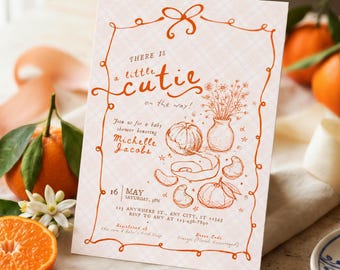 A Little Cutie Baby Shower Invitation, Mandarin Orange Citrus Invite, Hand Drawn Baby Shower Invite, Editable Canva Template
