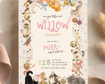 Cat Birthday Invitation | Whimsical Are You Kitten Me Toddler Party Invite | Watercolor Cute Girl Editable Template | Colorful Girly Evite