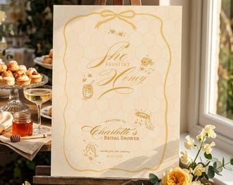彼女はハチミツを見つけた ブライダルシャワー ウェルカムサイン、ミツバチテーマ、編集可能なCanvaテンプレート