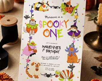 Halloween Spooky One First Birthday Invitation Template | Cute Colorful Whimsical Editable 1 Year Old Bday Invite | Playful Fun Party Decor