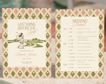結婚指輪をはめる前の最後のスイング！独身最後の週末旅行招待状＆ゴルフ週末旅行プラン（Canvaテンプレート）
