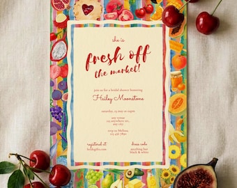 市場直送の新鮮なフルーツをテーマにしたブライダルシャワー招待状（デジタルダウンロード）