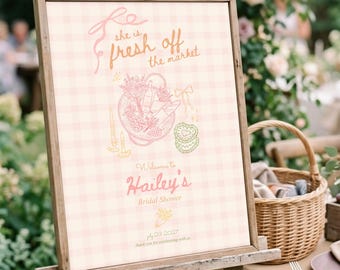 市場直送の新鮮なブライダルシャワー用ウェルカムサイン、ファーマーズマーケット風パステルカラー装飾（デジタルダウンロード）