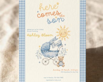 Here Comes the Son Watercolor Baby Shower Invitation, Classic Baby Boy Pastel Blue Gingham Canva Shower Invite, Heirloom Nursery Style Evite