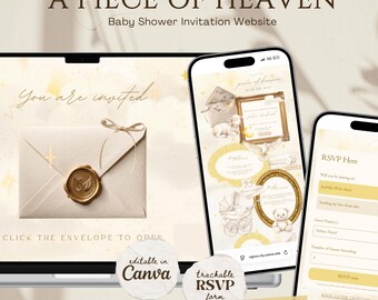 Plantilla de invitación web para baby shower "Pequeño pedazo de cielo", tema "Etéreo enviado del cielo" con RSVP, invitación digital "Ángel neutral celestial"