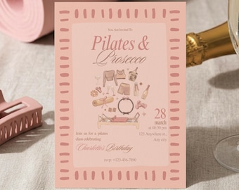 ピラティスとプロセッコの誕生日招待状テンプレート、ピラティスの誕生日パーティー招待状、誕生日ブランチパーティー