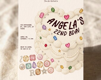 Bedazzled Editable Birthday Invitation Template | Trendy Rhinestone Gemstone Jewel Bday Invite | Sparkly Glitzy Whimsical Glamorous Decor