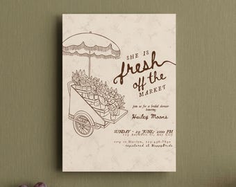 Fresh Off Market Bridal Shower Invitation, Farmers Market Theme, Flower Cart (Editable Canva Template)