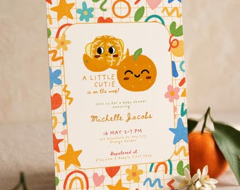 A Little Cutie Is On The Way Invitation Template, Editable Colorful Citrus Baby Shower Invite