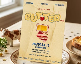 バターをテーマにした1歳の誕生日招待状、チャーニングワンの誕生日招待状、バターをテーマにした誕生日招待状テンプレート