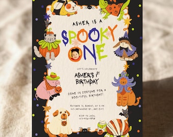 Halloween First Birthday Invitation | Cute Colorful Spooky One 1st Birthday Invite | Whimsical Playful Animal 1 Year Old Custom Photo Decor