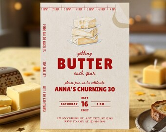 バターをテーマにした誕生日招待状、1歳年上の方への招待状、コテージコアパーティーのテンプレート（デジタルダウンロード）