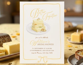 バター・トゥギャザー ブライダルシャワー招待状テンプレート、素朴なファームハウスブライダルブランチパーティー招待状（デジタルダウンロード）
