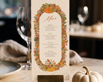 Fall Dinner Party Menu Template | Rustic Autumn Thanksgiving Holiday Gathering Card | 4x9 Editable Canva Menu | Seasonal Harvest Theme