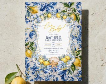 アマルフィ海岸のベビーシャワー招待状、レモンチャオベビー招待状、エレガントな地中海沿岸テンプレート、編集可能なCanvaダウンロード