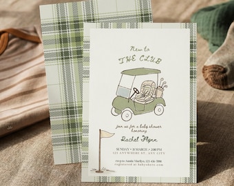 クラブに新しく入った人向けベビーシャワー招待状、カントリークラブゴルフベビーシャワー招待状、編集可能なCanvaテンプレート、ヴィンテージチェック柄の男の子向けベビーシャワー