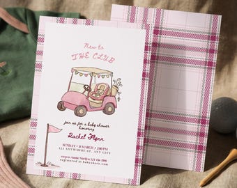 クラブガールのベビーシャワー招待状、ピンクのゴルフベビーシャワー招待状テンプレート、編集可能なCanva印刷可能、プレッピーチェック柄ベビーシャワー