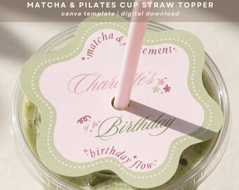 抹茶ピラティスバースデーストロートッパーテンプレート、ウェルネスパーティーデコレーション（デジタルダウンロード）