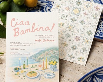 チャオベビーシャワー招待状、イタリアンレモンベビーシャワー招待状、アマルフィ海岸地中海ブランチ招待状、編集可能なCanvaテンプレート