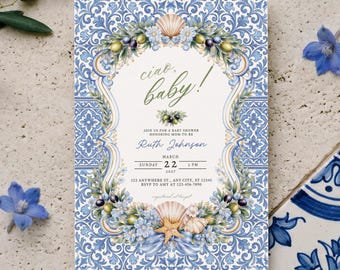 チャオ ベビーシャワー招待状、アマルフィ海岸地中海テーマ、オリーブの枝デザイン（編集可能なCanvaテンプレート）