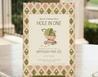 女の子向けホールインワン1歳の誕生日招待状、ピンクのゴルフ1歳の誕生日パーティー招待状テンプレート、編集可能なCanva印刷可能