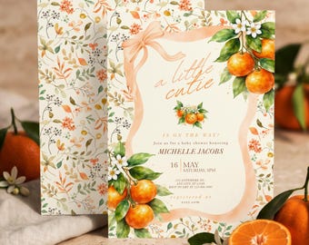 A Little Cutie Baby Shower Invitation, Tangerine Baby Shower Invite, Citrus Floral Orange Baby Shower Template, Editable Canva
